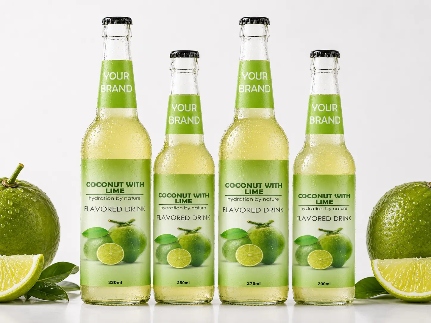 COCONUT FLAVORED DRINK lime flavour shown in 330ml, 250ml, 275ml, and 200ml bottles.